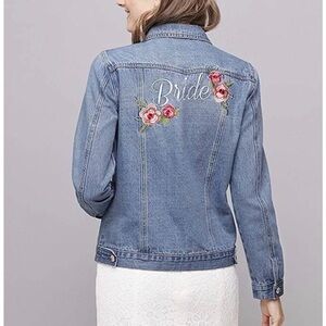 David's Bridal Blue Jean Jacket with Floral Embroidery